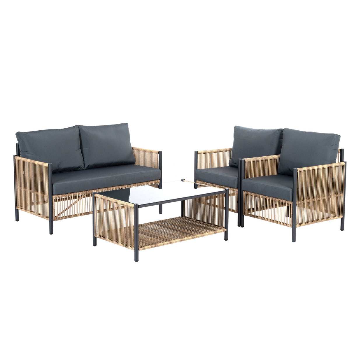 Patio 4-Piece Brown PE Wicker Sofa Set with Grey Cushions