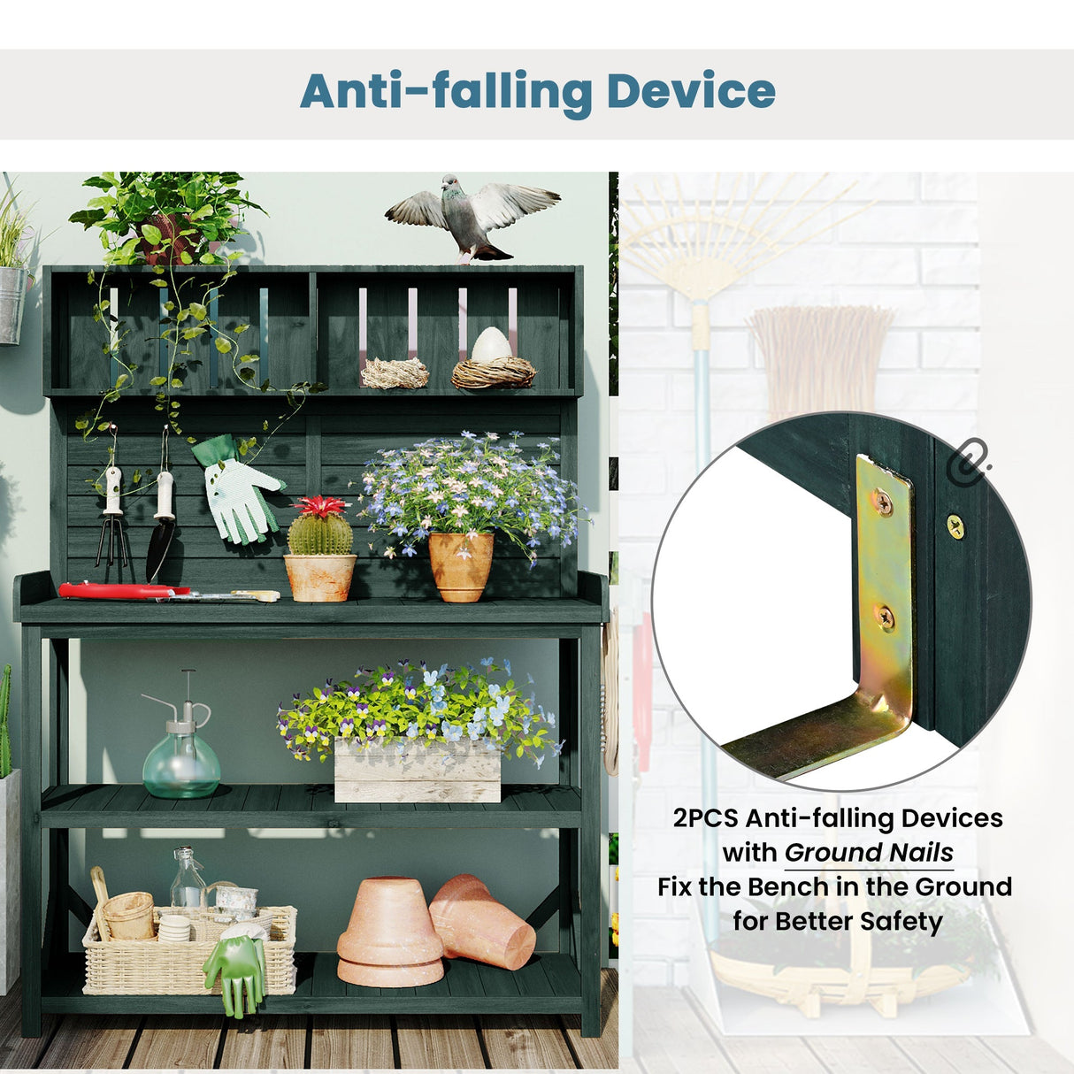 TOPMAX 65' Large Wooden Farmhouse Rustic Outdoor Potting Bench Table