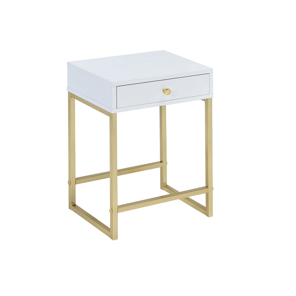 Coleen White & Brass Finish Accent Table with Drawer