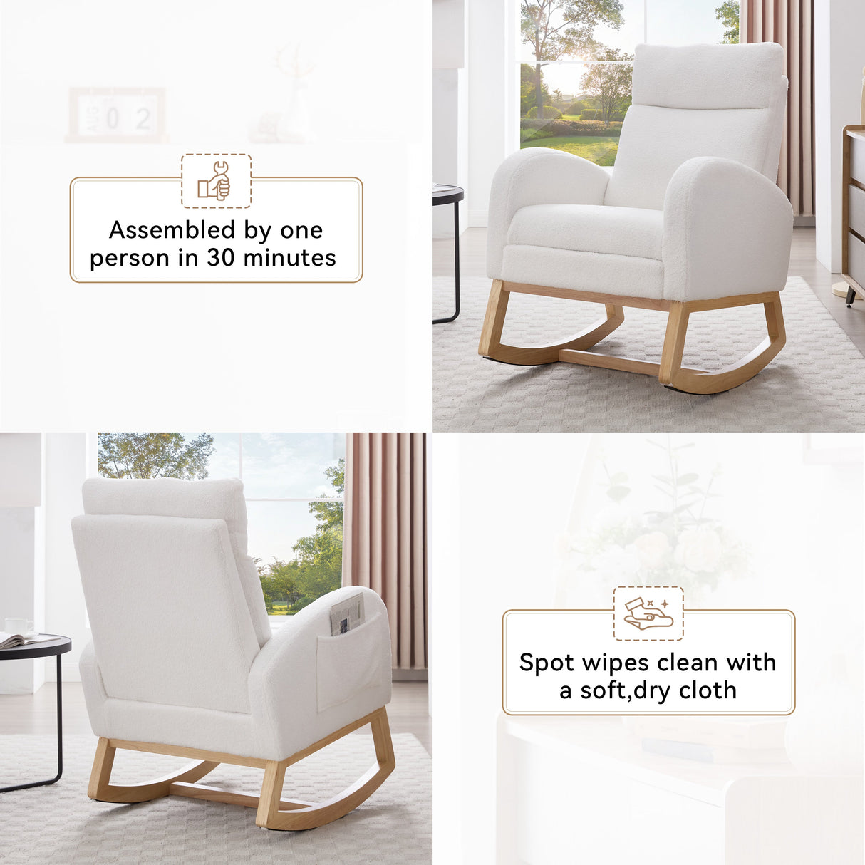 Teddy Fabric Leisure Rocking Chair with Adjustable Footstool