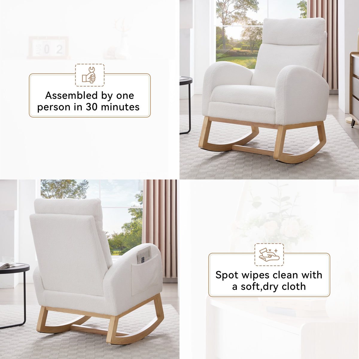 Teddy Fabric Leisure Rocking Chair with Adjustable Footstool
