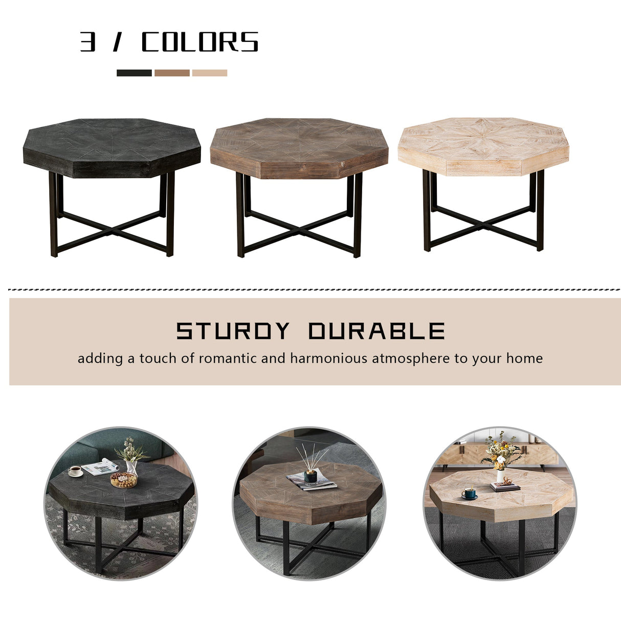 Wood Octagonal Vintage Patchwork Coffee Table