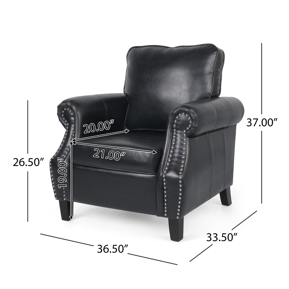 Contemporary Black PU Club Chair with Nailhead Trim and Rolled Armrests