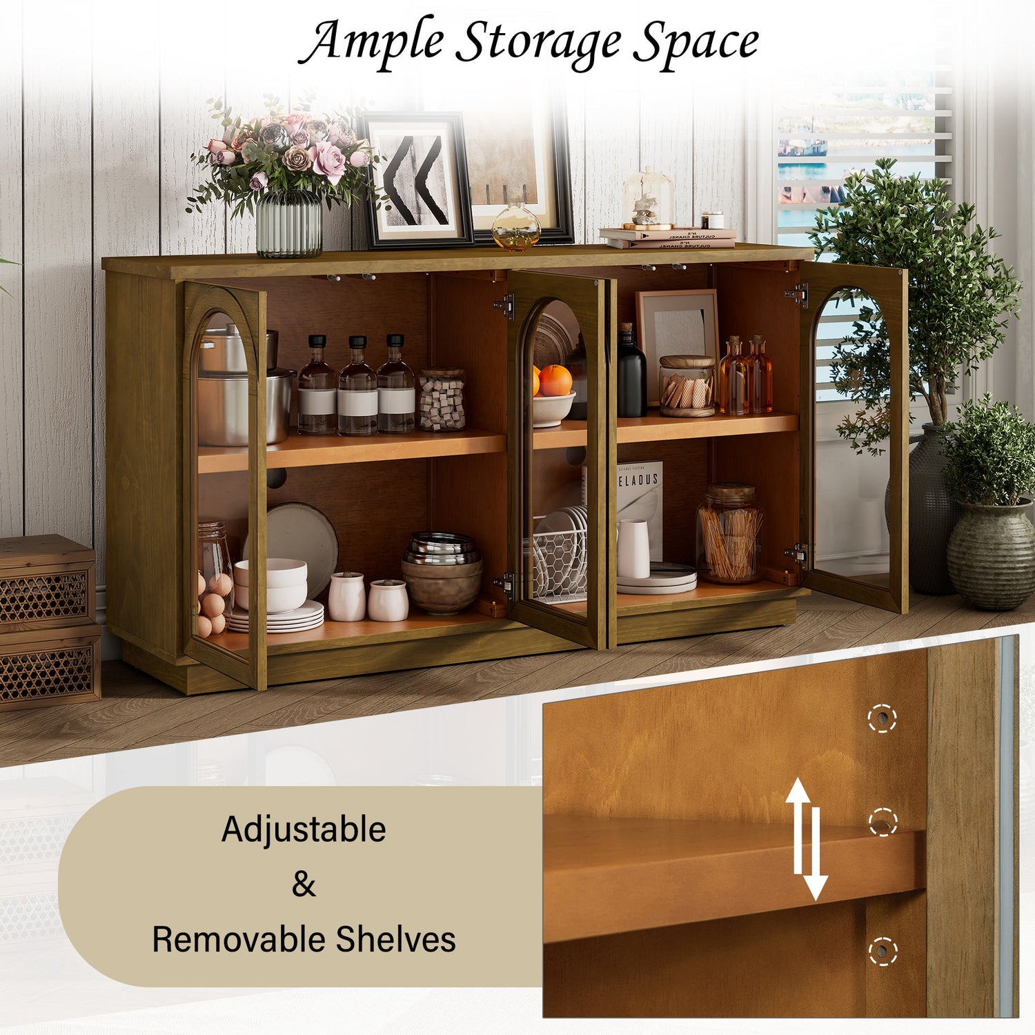 Arched Storage Cabinet with Glass Doors