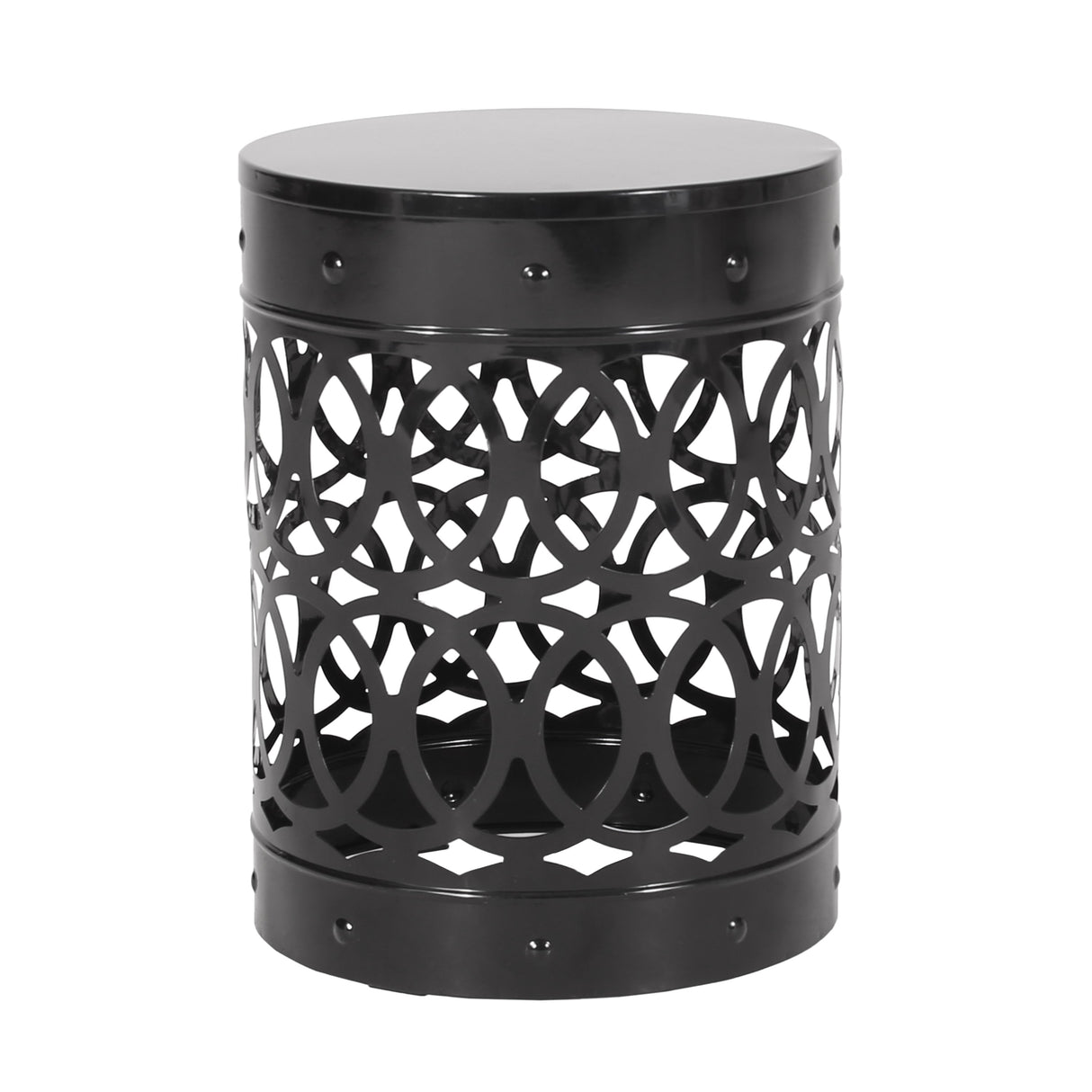 Modern Outdoor Metal End Table with Iron Cut Design in Black