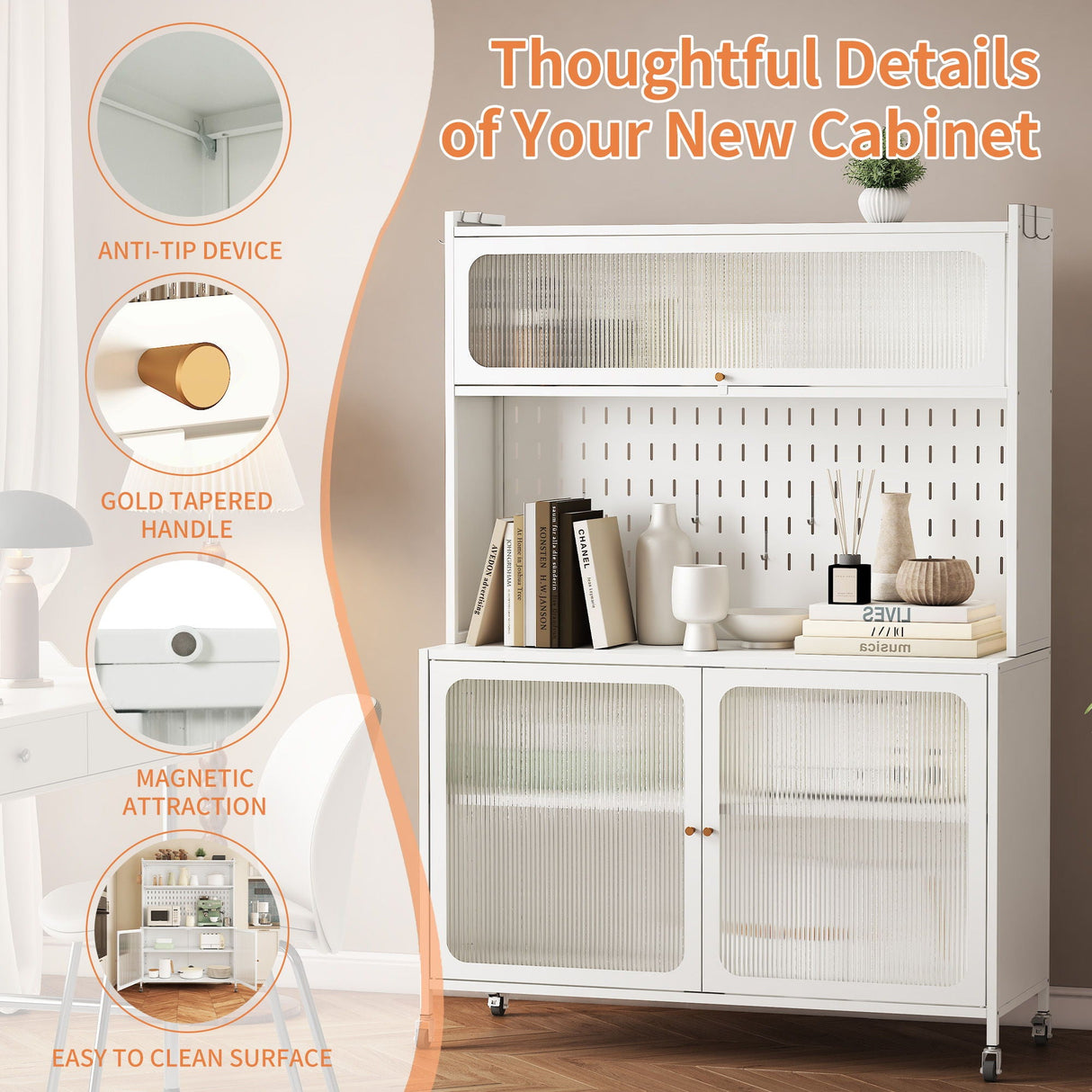 Contemporary Kitchen Pantry Cabinet With Glass Doors, Adjustable Shelves, Steel - Brushed Nickel