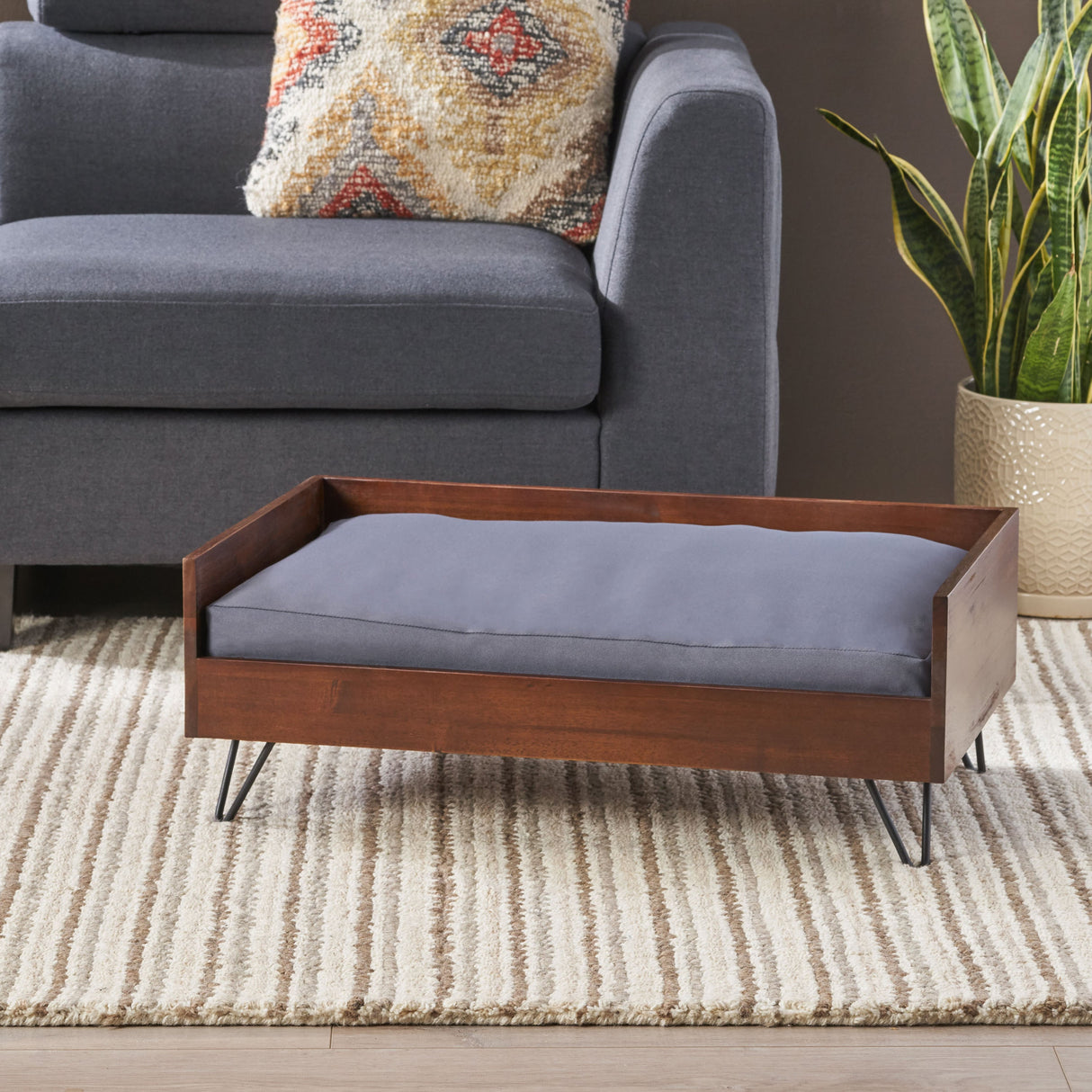 Acacia Wood Dog Bed with Sleek Hairpin Legs