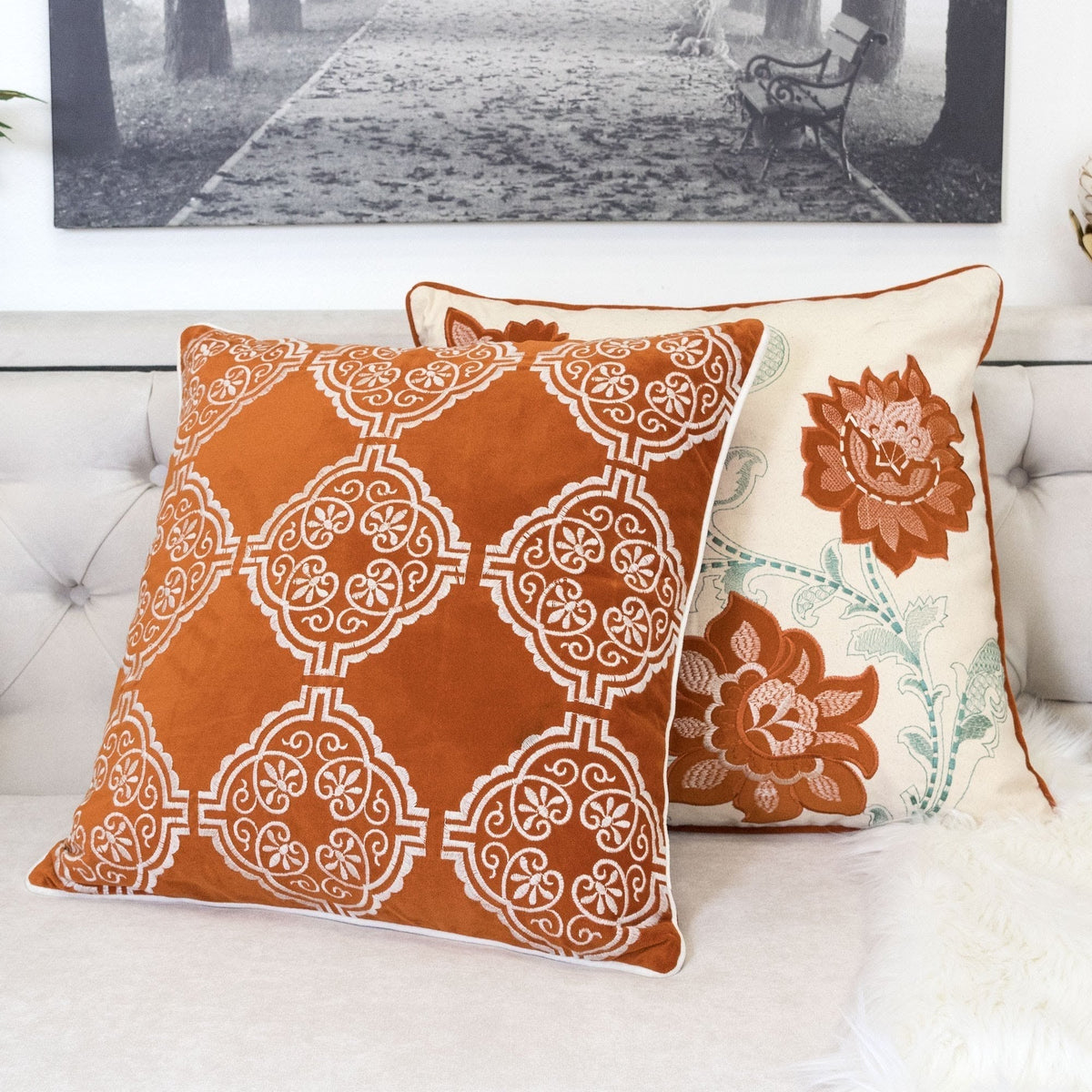 Burnt Orange Damask Embroidered Throw Pillow with Velvet Finish - Burnt Orange