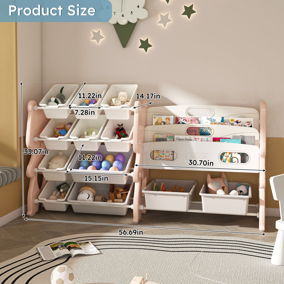 Kids Toy Storage Organizer With 2 Tier Bookshelf, Toy Storage With 12 Bins