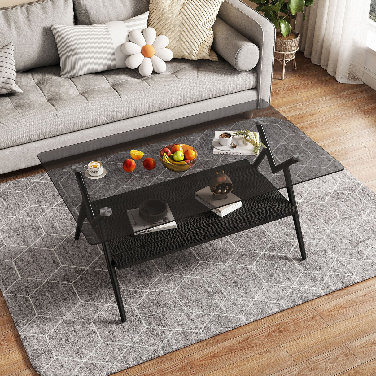 Rectangle Coffee Table With Tempered Glass Top And Shelf, Modern Table For Living Room