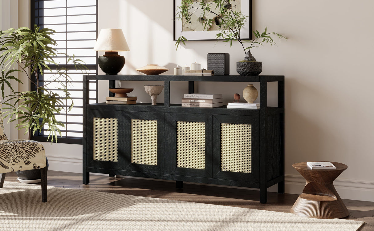 TREXM Bohemian Style Rattan Buffet Storage Cabinet with Solid Wood Frame
