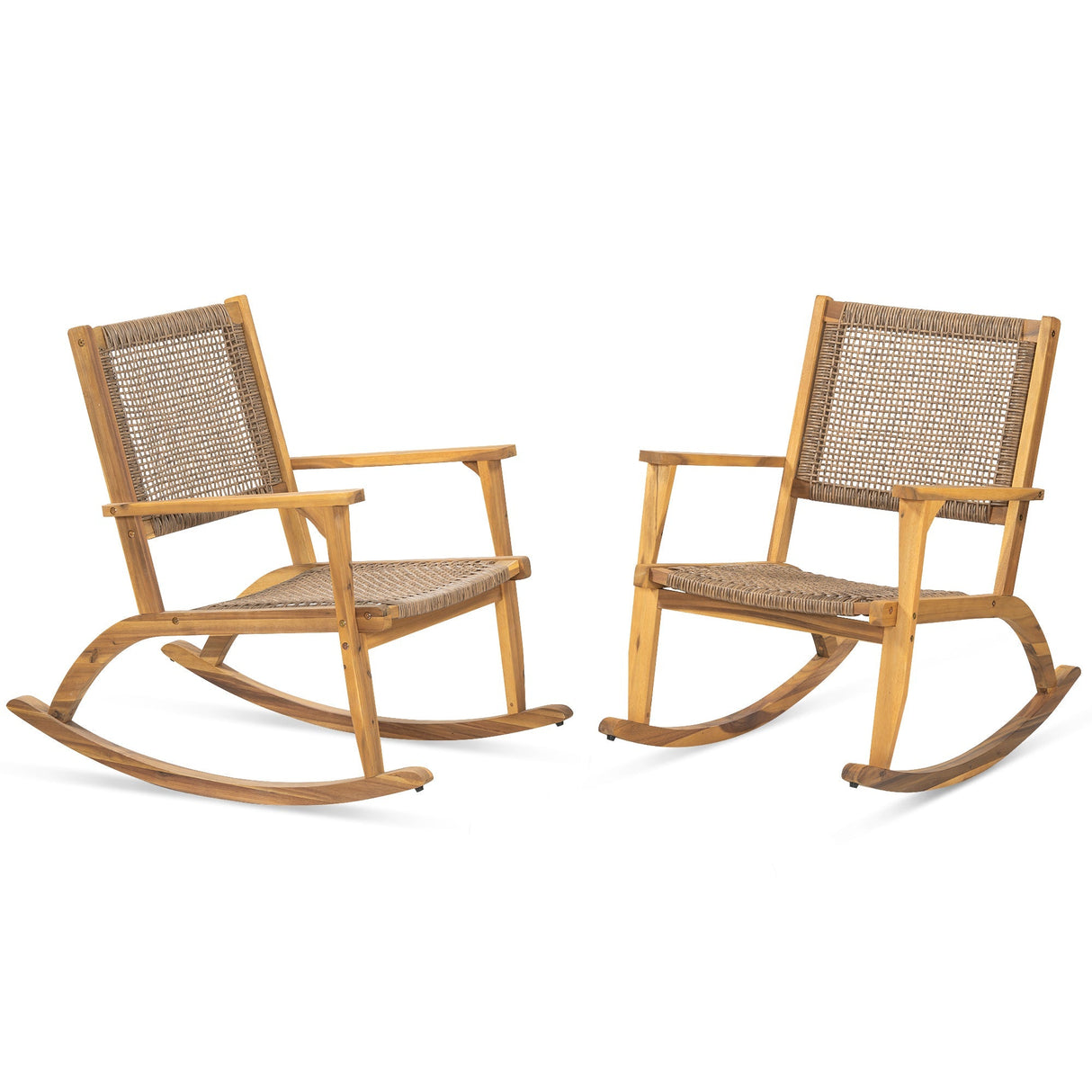 GO 2 Pieces Patio Rocking Chair Set, Acacia Wood Outdoor Rockers with Wicker Rattan Seat & Backrest, Comfortable Garden Porch Chairs for Backyard, Balcony, and Poolside, Natural