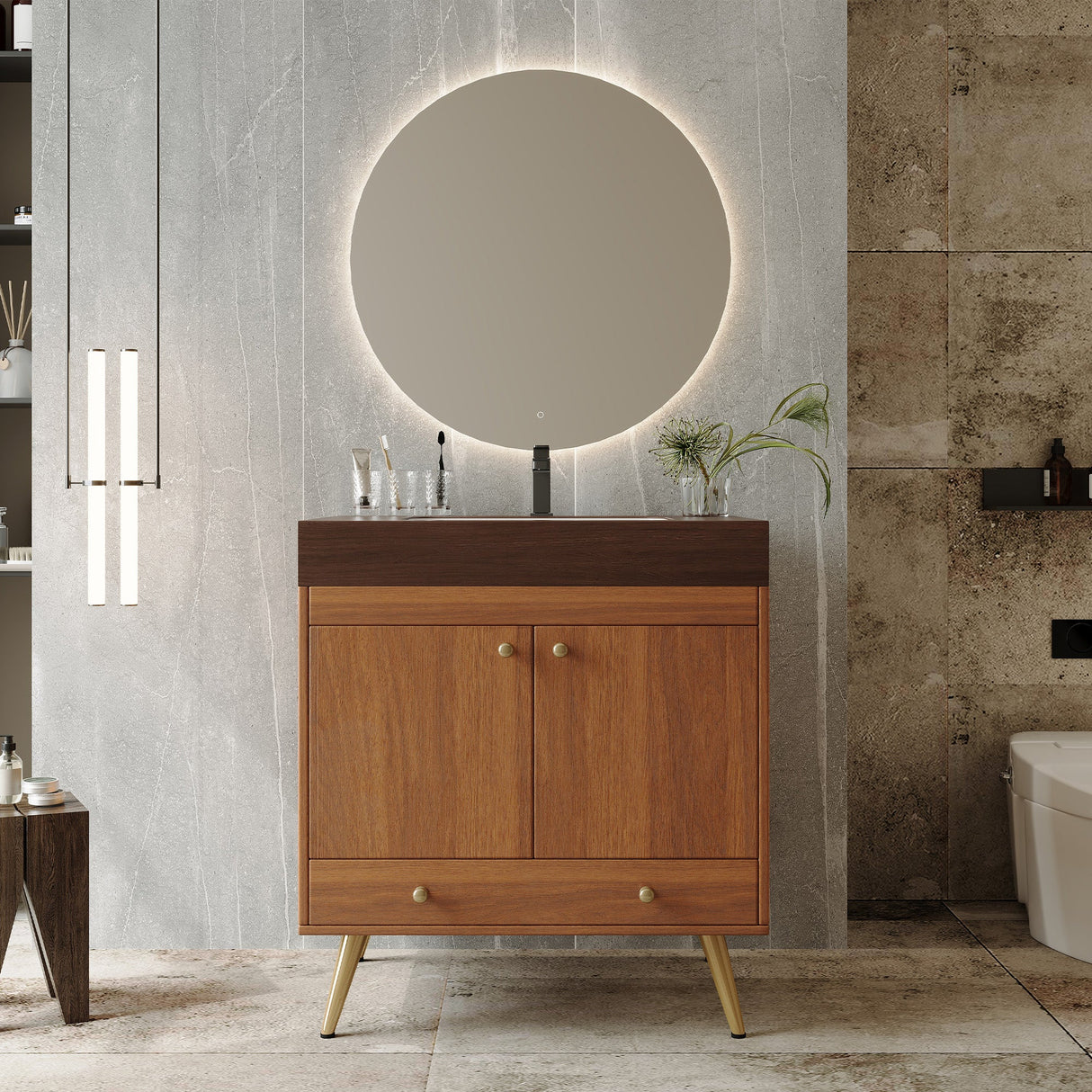 Mid-Century Free-Standing Bathroom Vanity with Faux Marble Top