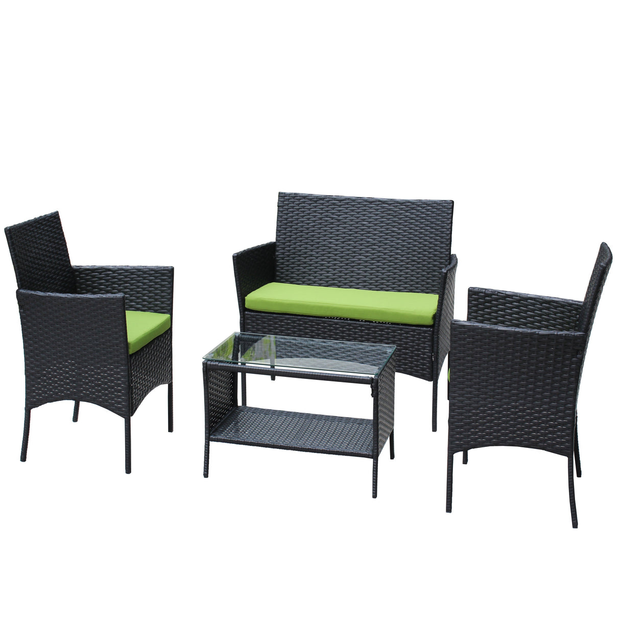 4 PC Rattan Patio Furniture Set Outdoor Cushioned Wicker Sofa Green Cushion