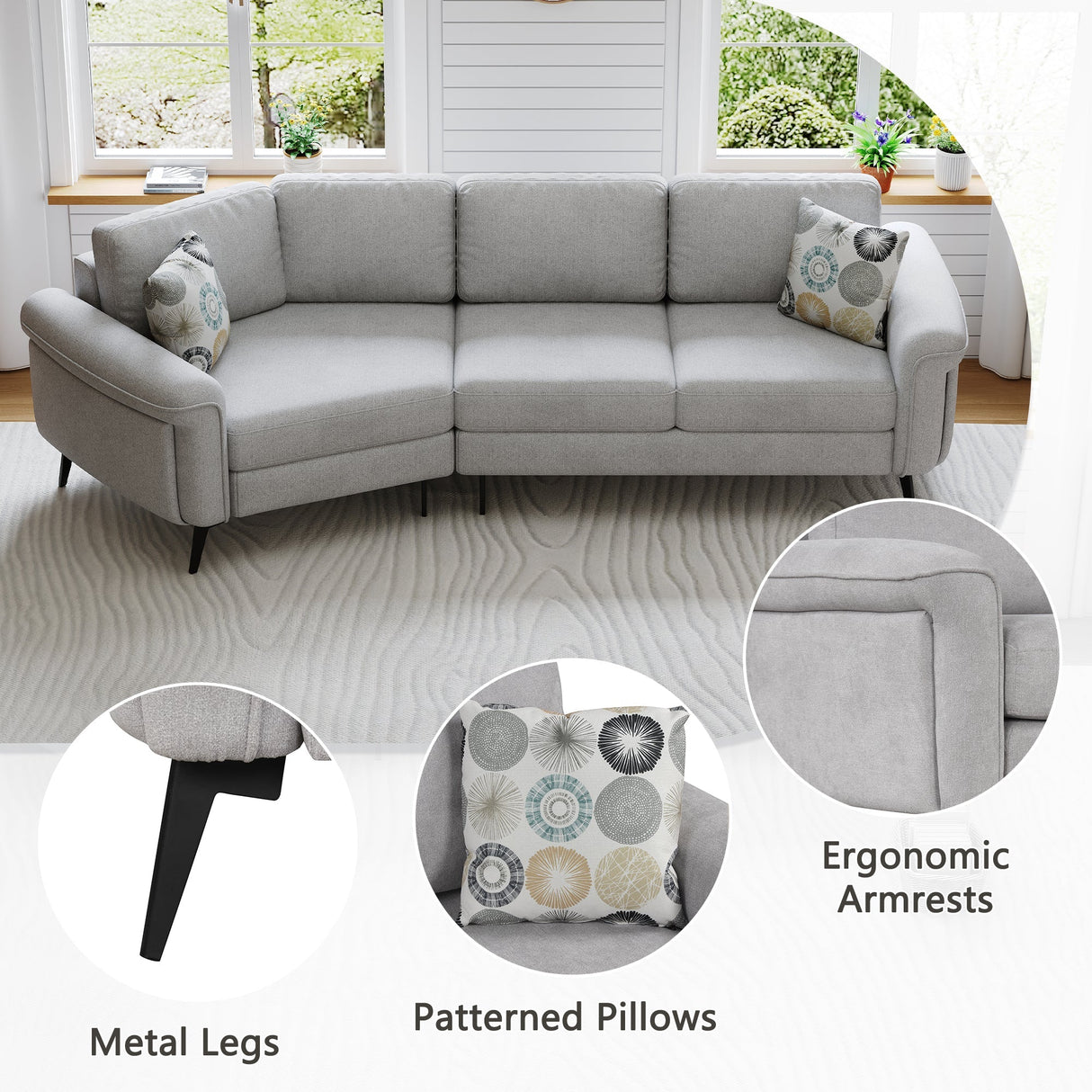 111" Upholstered 3-Seater Sofa with Curved Design and Two Printed Pillows