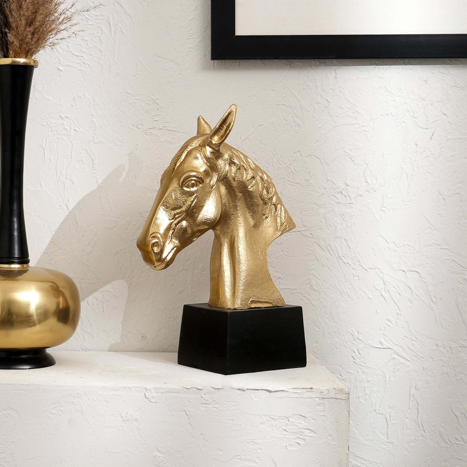 Graceful-Gold-Polished-Aluminum-Horse-Sculpture-on-Black-Base-–-10x6x10.75'--Table-Décor-Animal-Figurine-