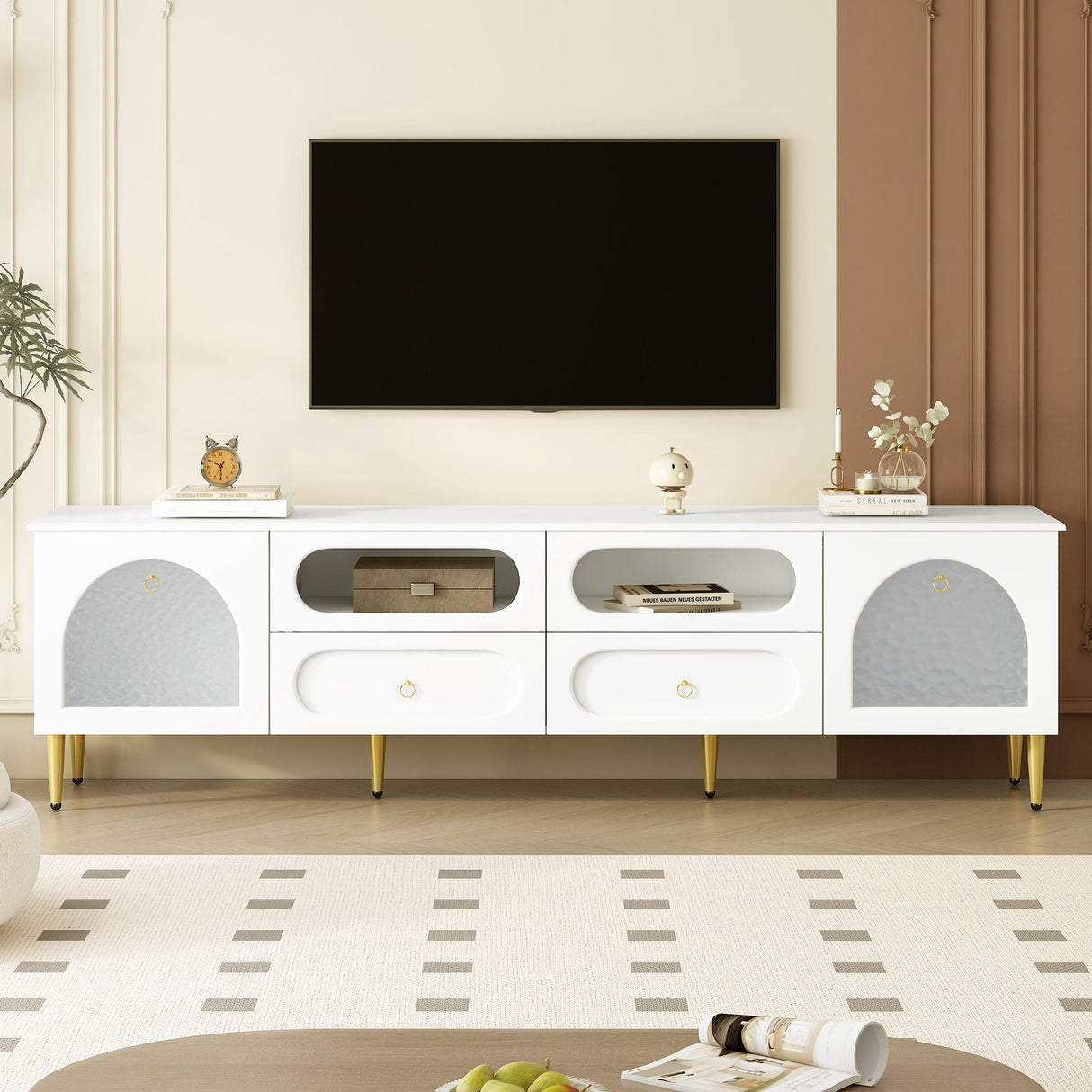 Retro TV Stand With 6 Metal Legs, 2 Cabinets, 4 Drawers