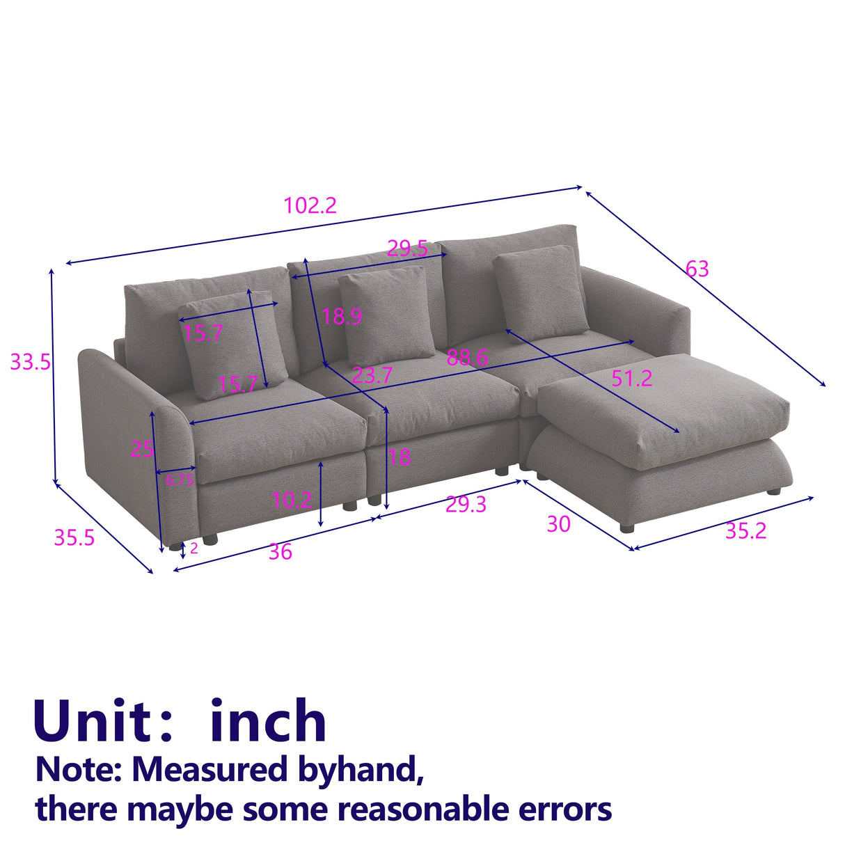 102.2 Inch Combination Modular Sofa with Ottoman Grey