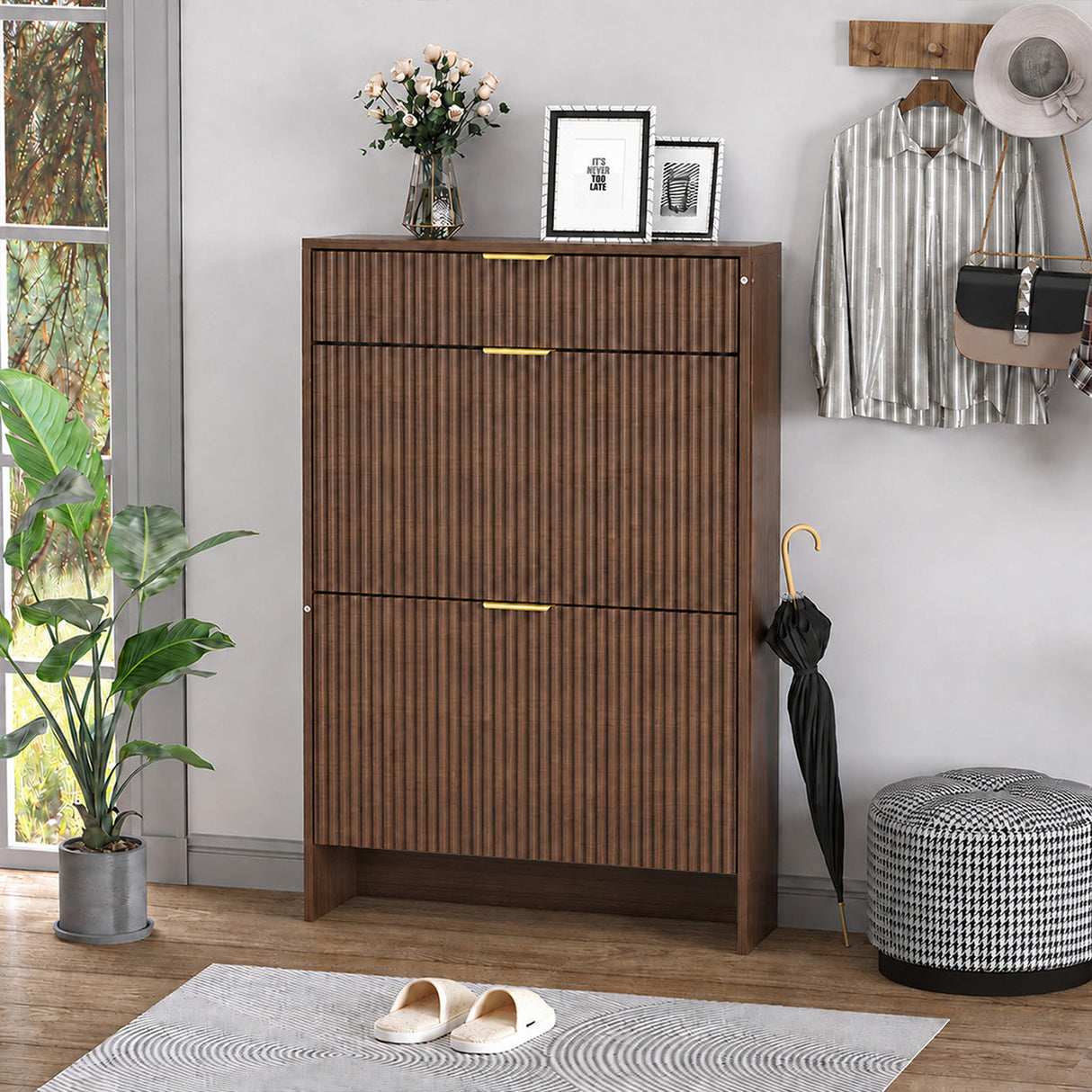 Narrow Fluted Shoe Storage Cabinet for Entryway