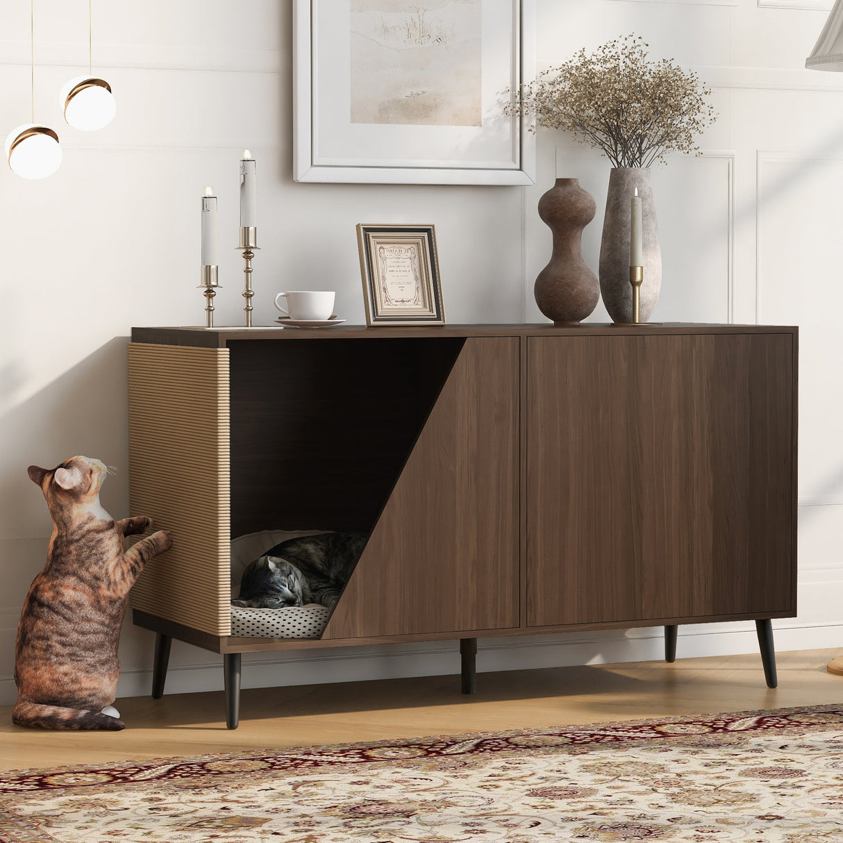 Cat Furniture 2 in 1 Modern Walnut Cabinet Side Table with Spring-Loaded Door