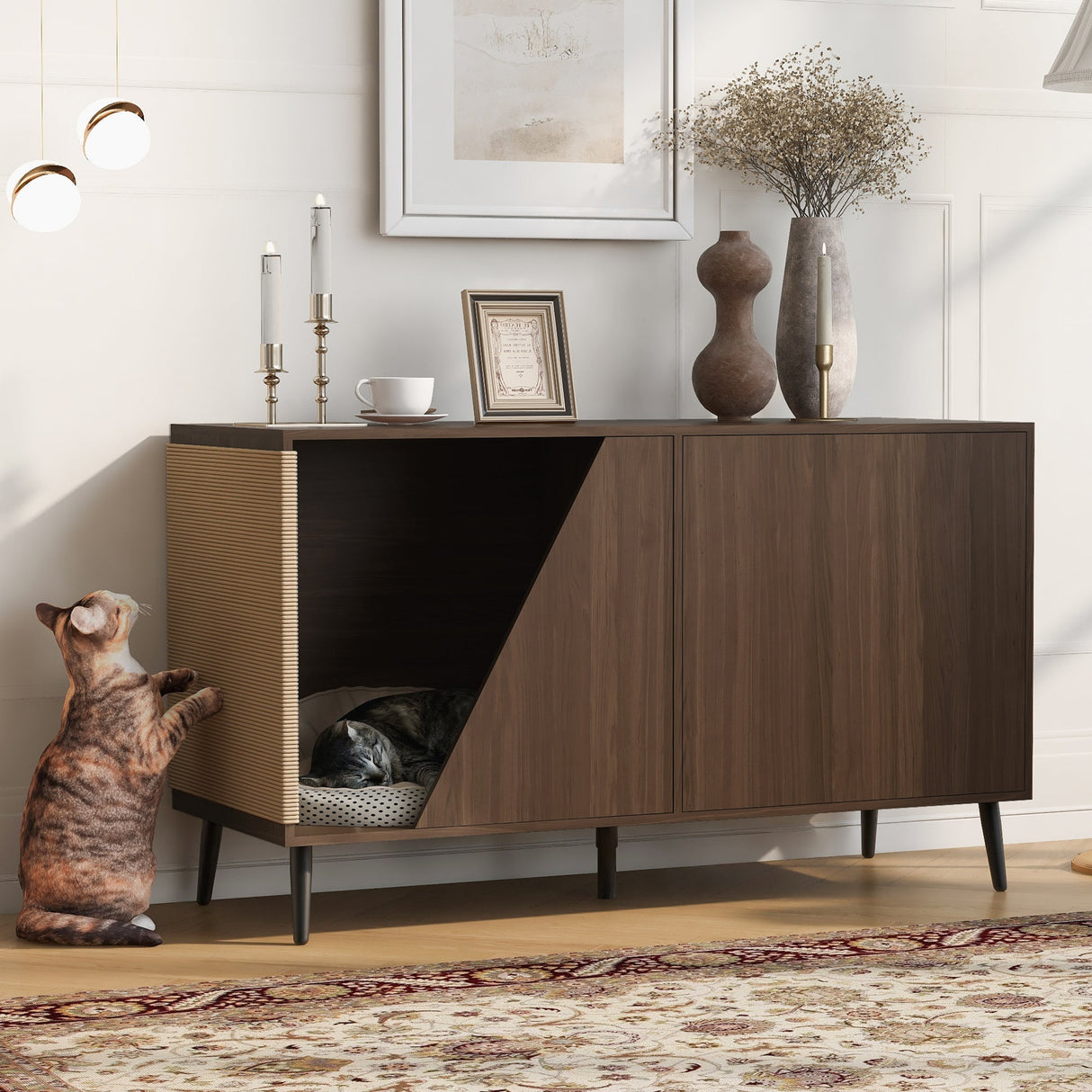Cat Furniture 2 in 1 Modern Walnut Cabinet Side Table with Spring-Loaded Door