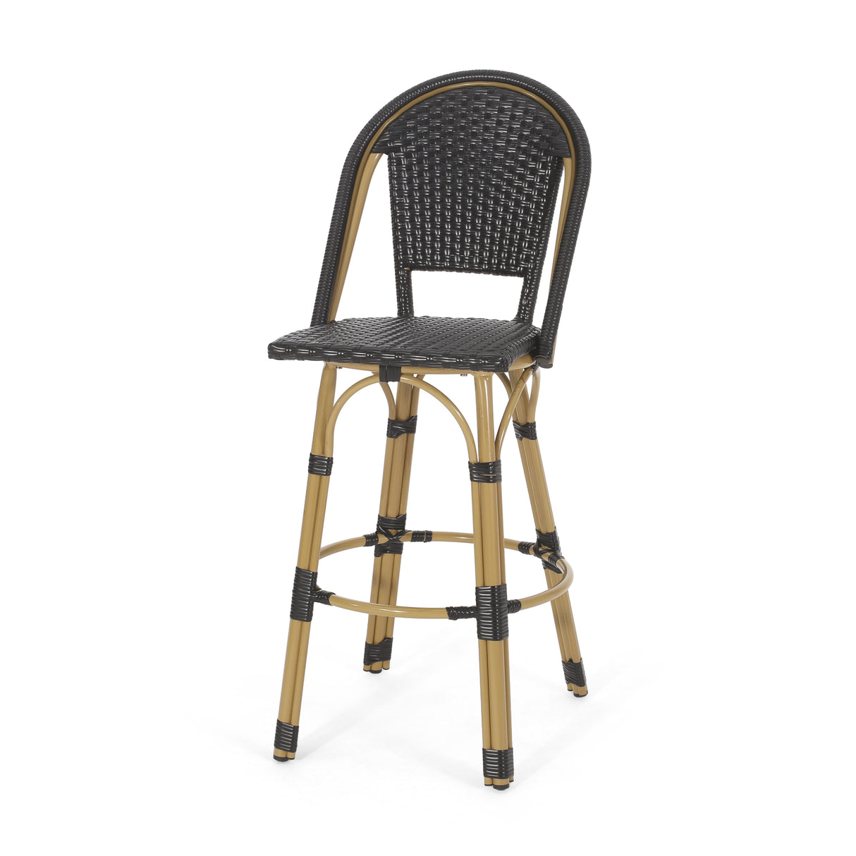 29.5" outdoor pe rattan and aluminum french barstools, set of 2, black and bamboo finish