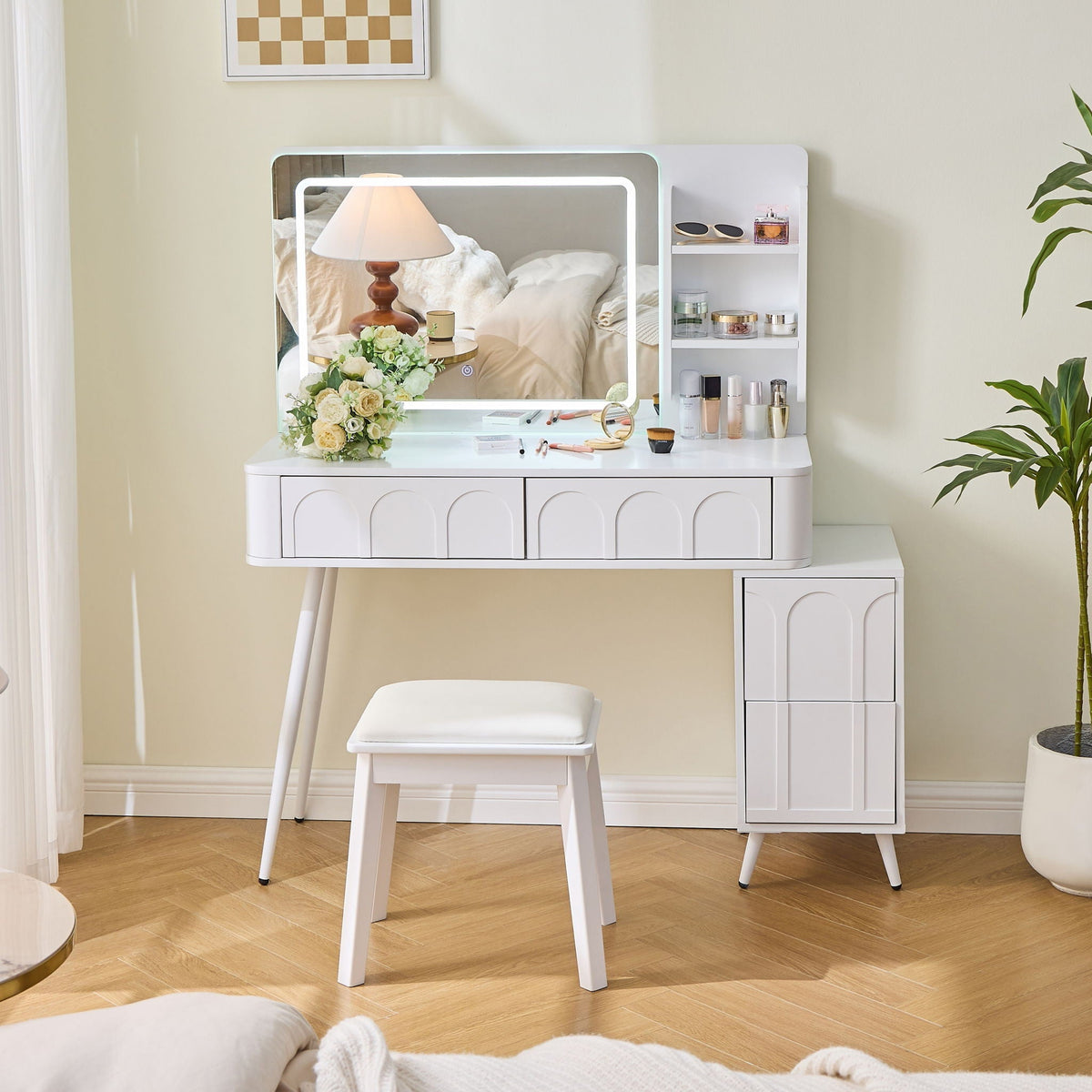 Modern Makeup Vanity Desk with LED Lights and 4 Drawers - White