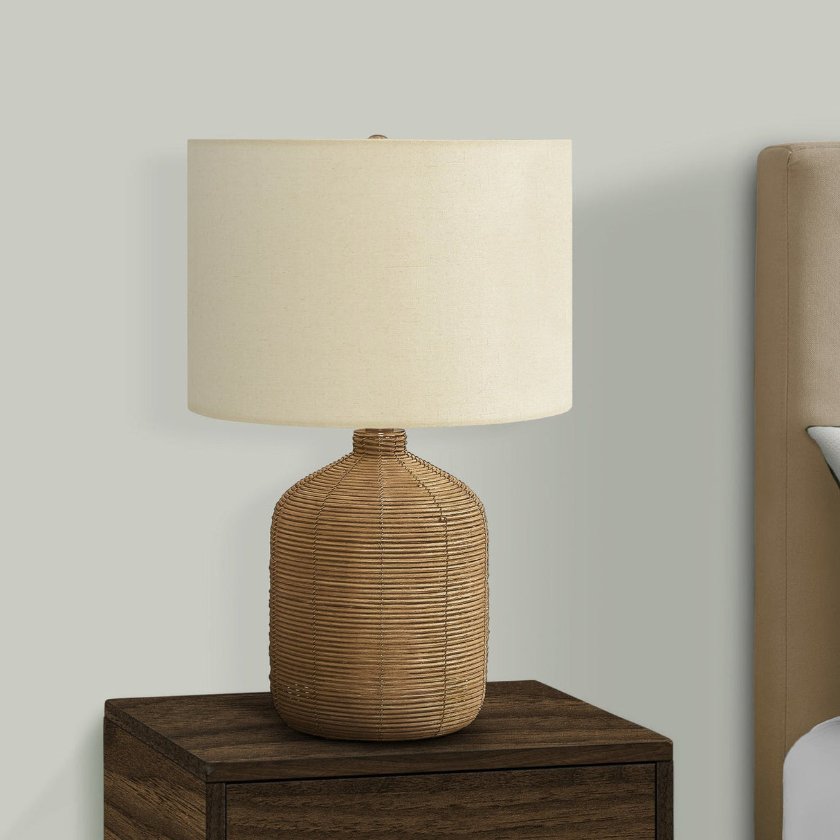 Captions 23" Table Lamp with Rattan Base and Linen Drum Shade