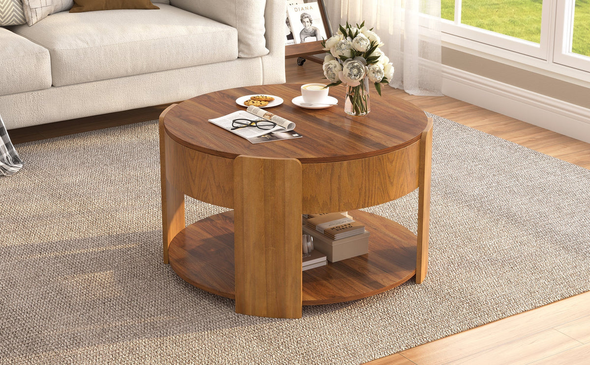 Vibe Haus Farmhouse Round Lift Top Coffee Table with Hidden Storage