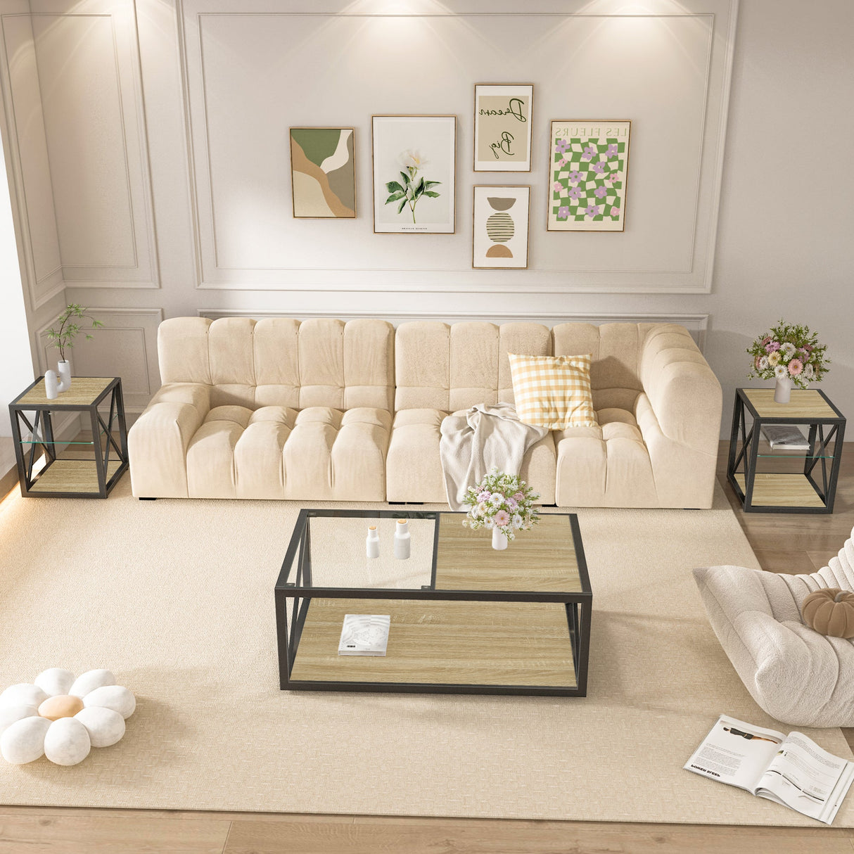 Modern Coffee Table with Tempered Glass and Natural Wood MDF Top
