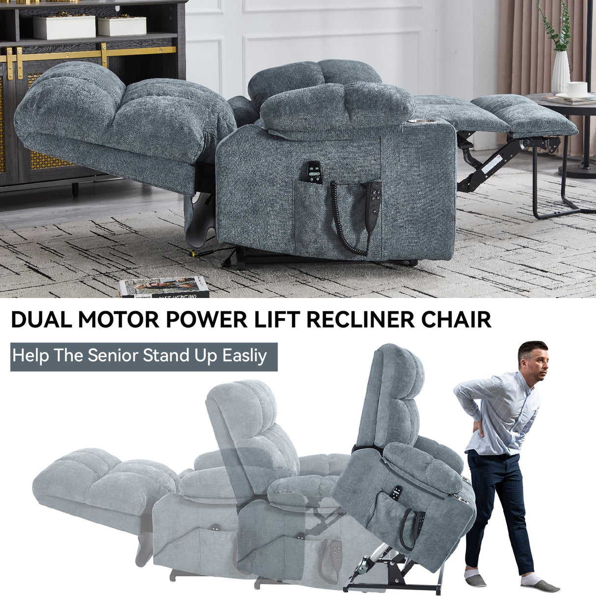 Grey Chenille Power Lift Recliner Chair