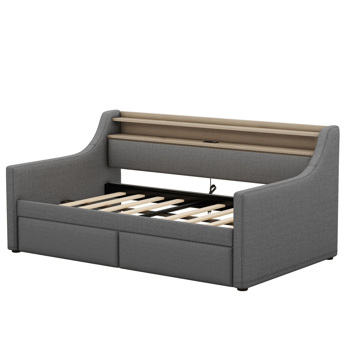 Twin Size Linen Upholstered Daybed with Storage Drawers and LED Lights