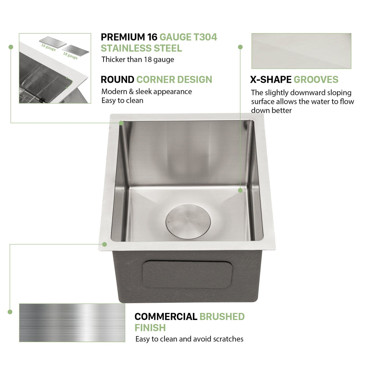 Modern Undermount Stainless Steel Kitchen Sink 16 Gauge, Deep Single Bowl