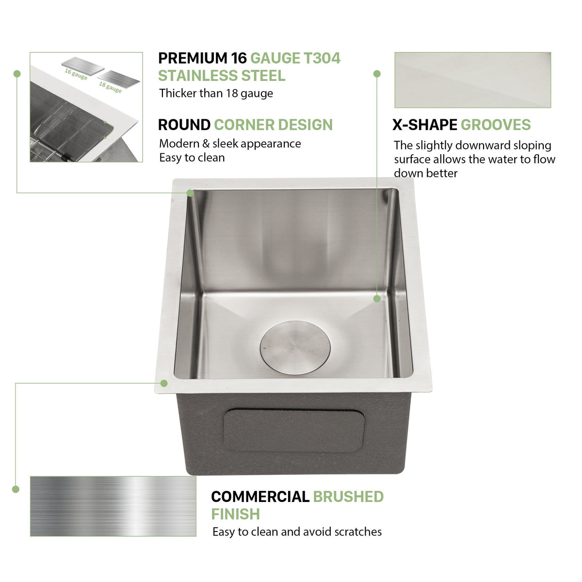 Modern Undermount Stainless Steel Kitchen Sink 16 Gauge, Deep Single Bowl