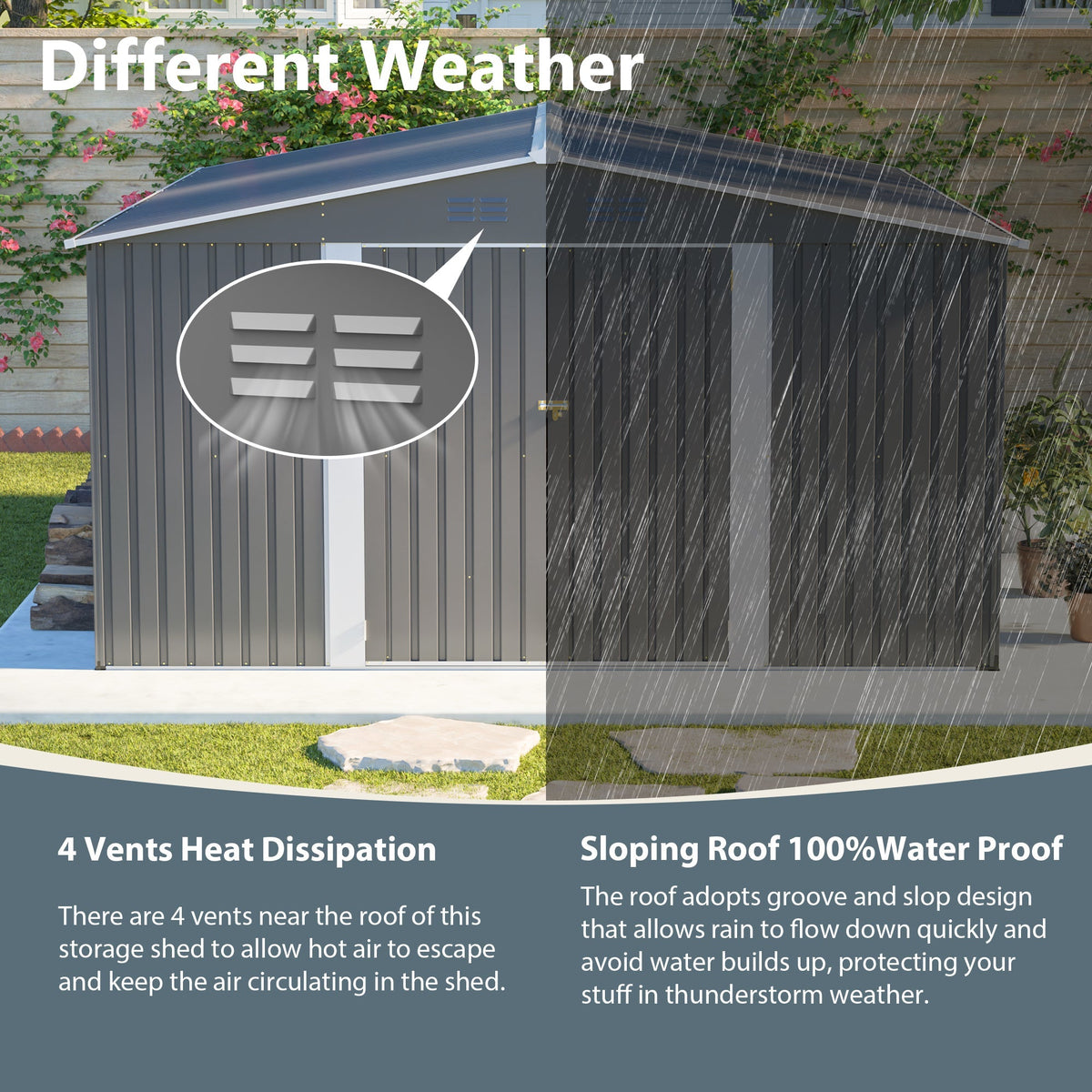 12×14 ft Outdoor Metal Storage Shed with Lockable Double Doors - Gray