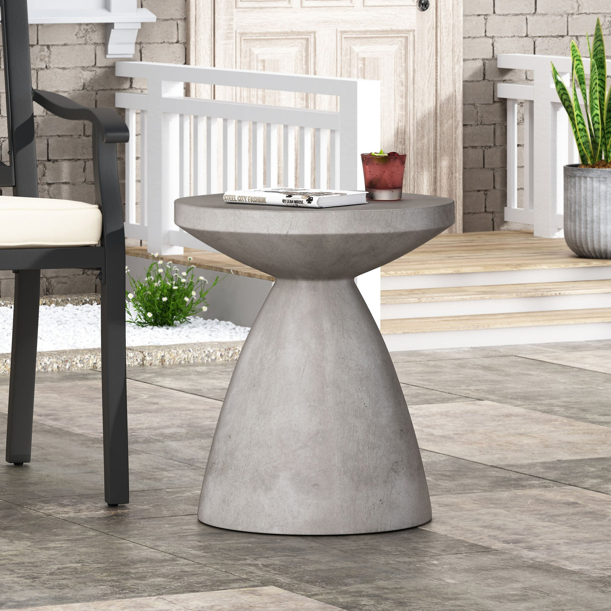 Modern Outdoor Lightweight Concrete Side Table with Hourglass Design