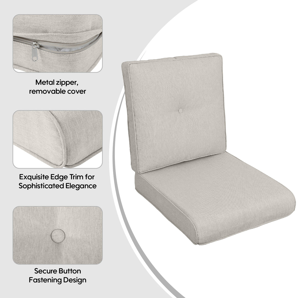 2 PCs Set High Back Patio Chair Cushions, Tufted - Beige