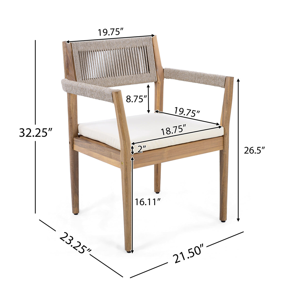 Braided Acacia Wood Outdoor Dining Chairs Set of 2 β Teak Look with Beige Rope & Cream Cushions