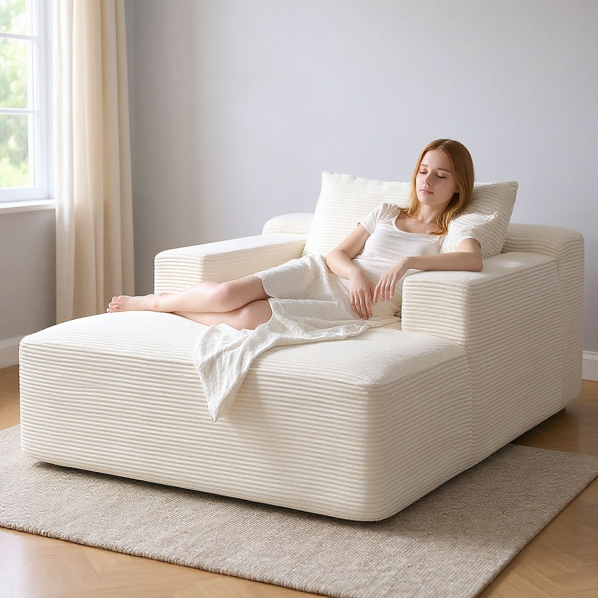 Convertible Chaise Lounge Chair With Wide Armrest & Throw Pillows