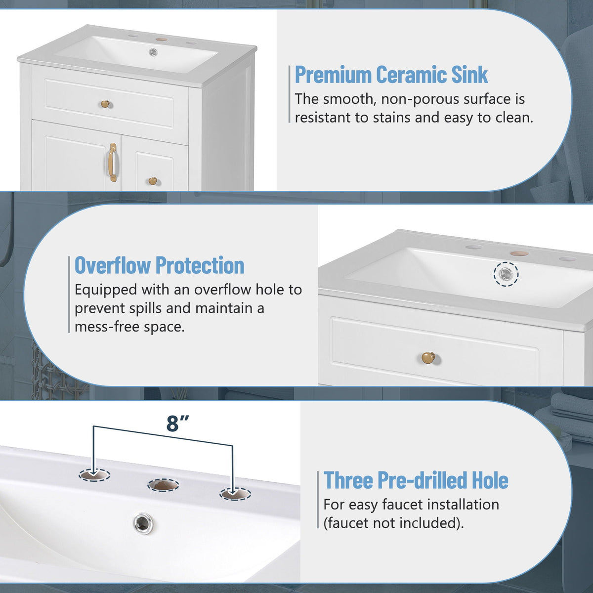 Elegant Bathroom Vanity With Ceramic Sink, Soft Close Doors And Drawers, Double Storage Racks