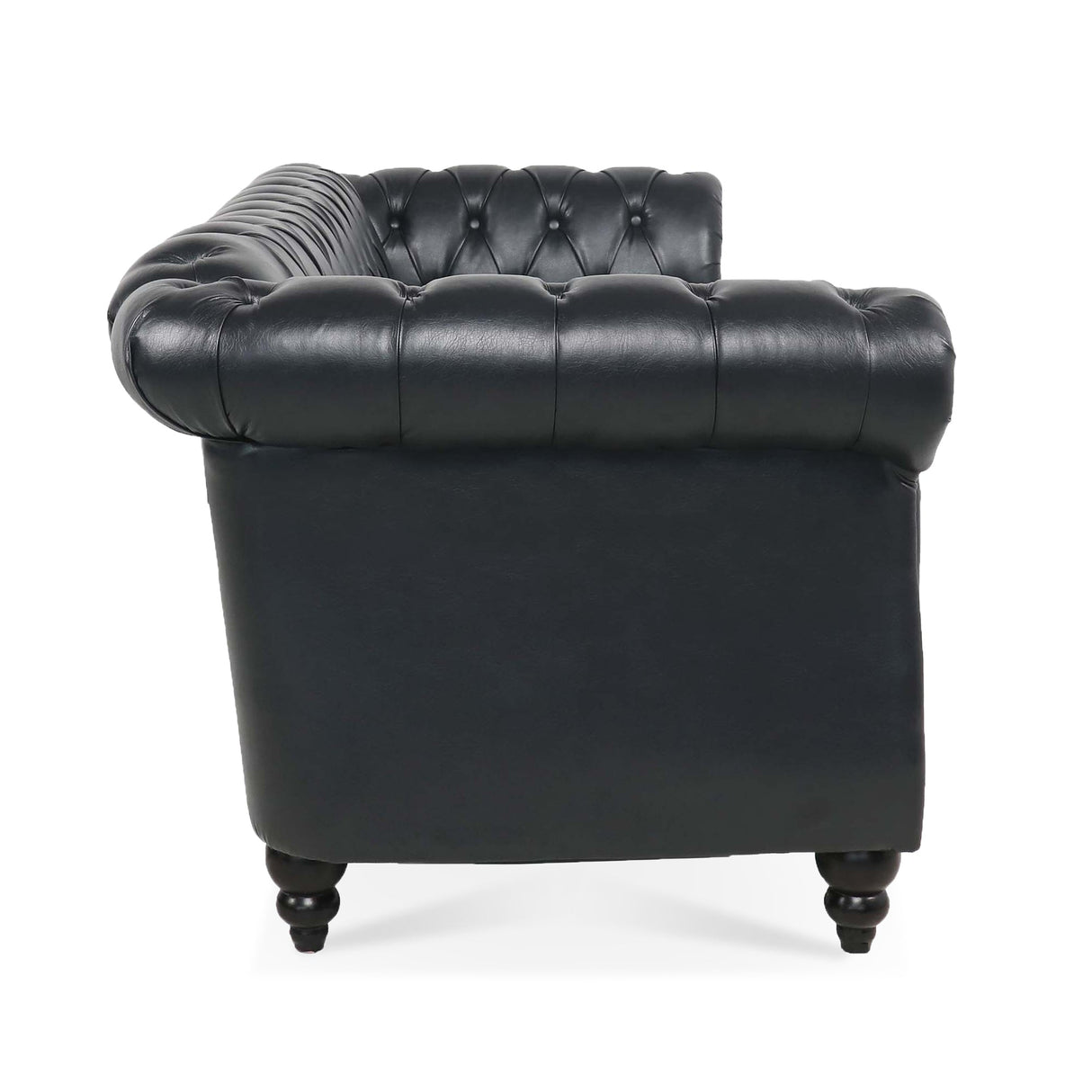 84.65' Black PU Rolled Arm Chesterfield Three Seater Sofa