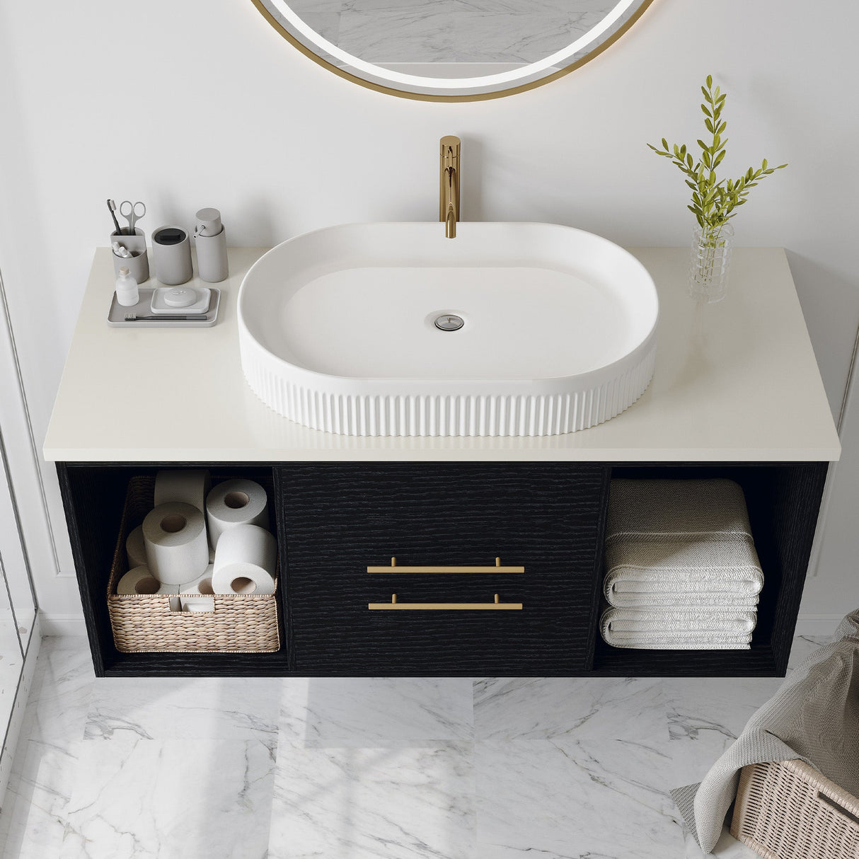Modern 39.4-In Wall-Mounted Bathroom Vanity with Oval Ceramic Sink