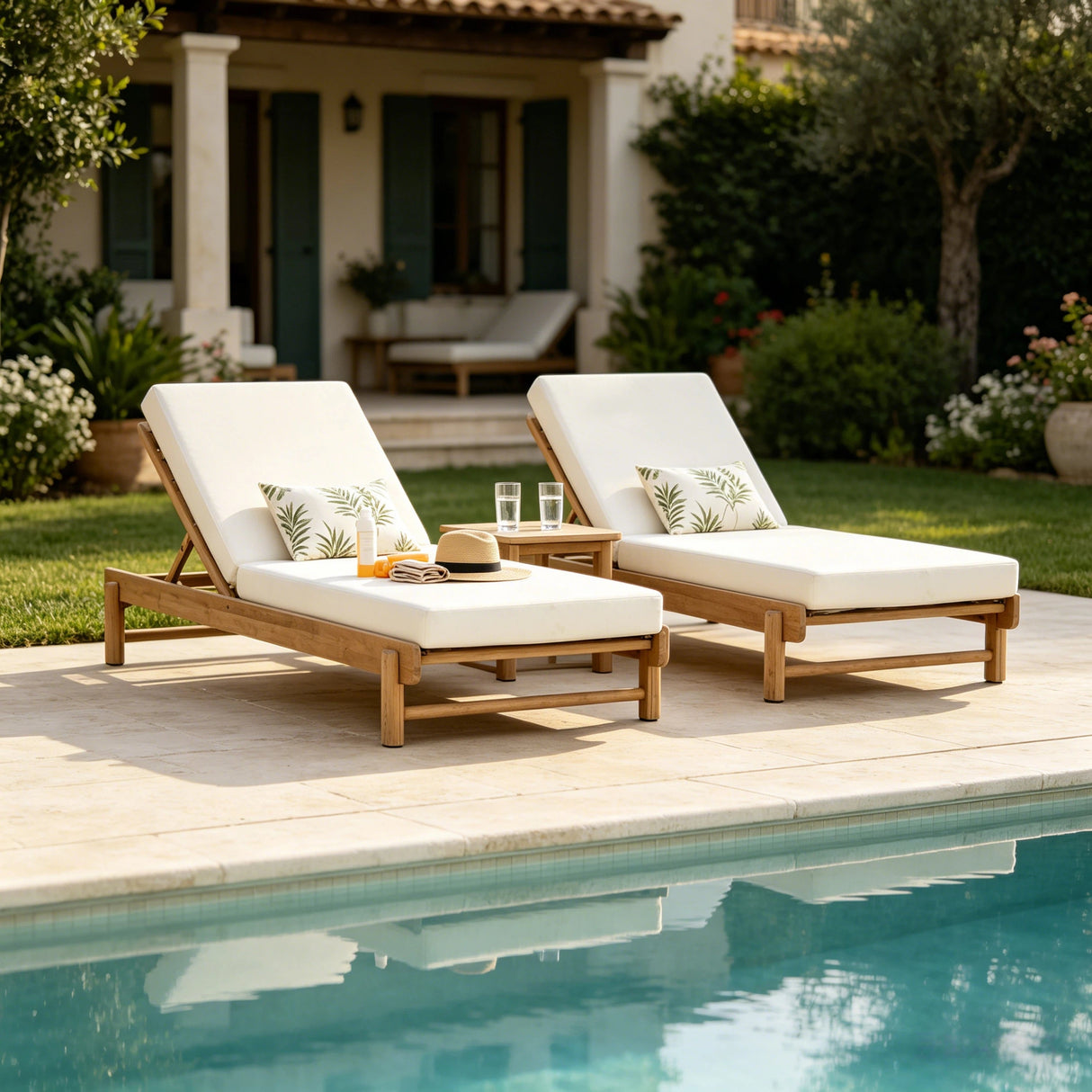 Light Teak Acacia Wood Chaise Lounge Set: 1 Frame + 1 Cushion