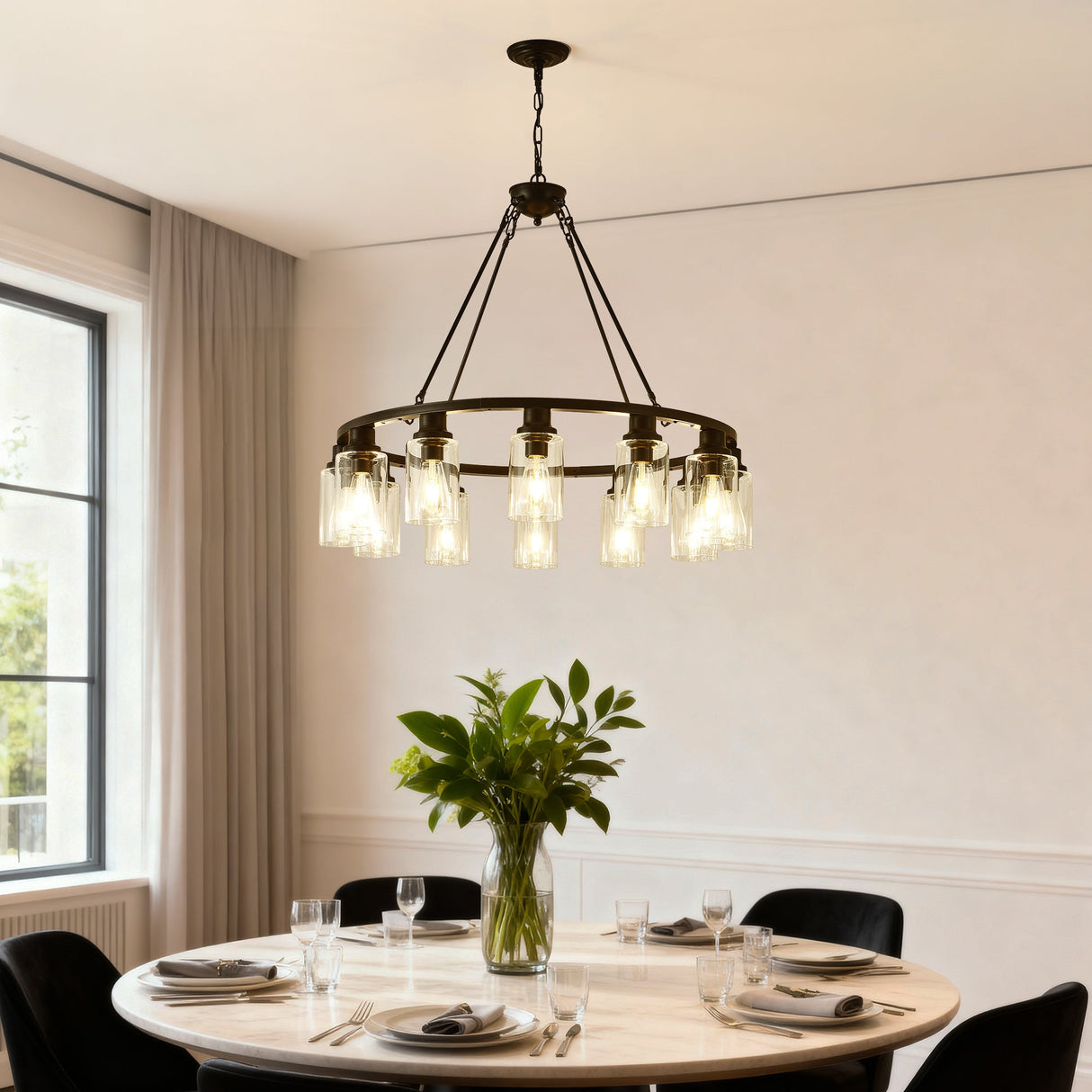 Black Wagon Wheel Chandelier 31.5 Inch Modern Farmhouse Glass Pendant Light 12-Light Ceiling Hanging Lighting Fixtures for Living Room Dining Room Kitchen Island Foyer--NO INCLUDED BULBS
