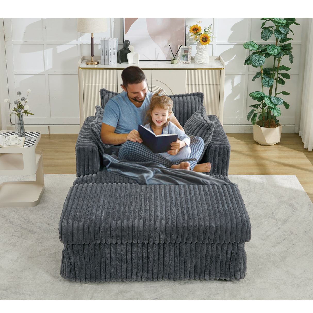 Oversized Corduroy Chaise Lounge with Ottoman in Dark Gray