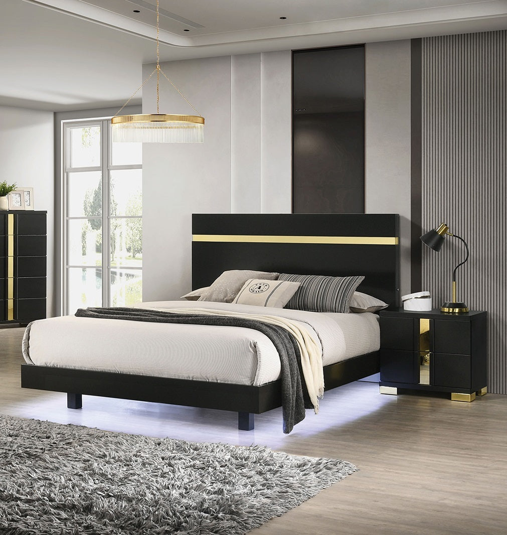 Modern Black 3pc Bedroom Set Full Size Bed with LED Nightstands