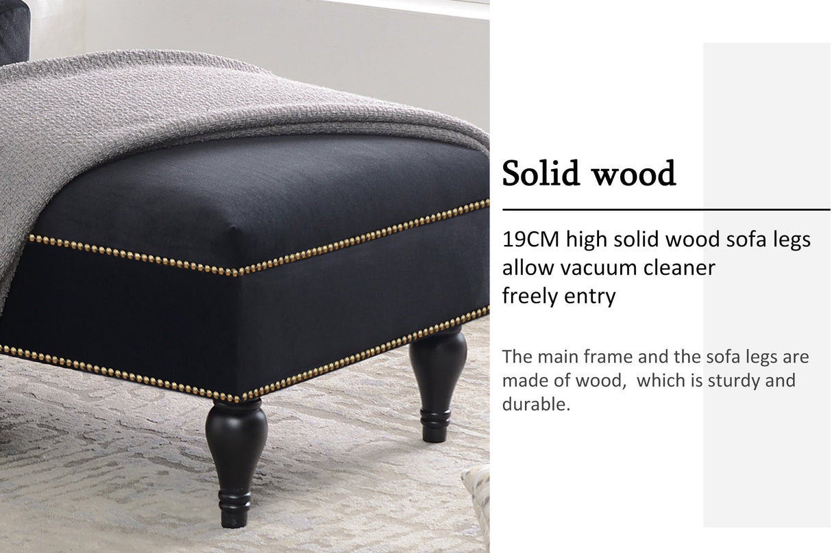 58" Velvet Chaise Lounge with Nailhead Trim and Solid Wood Legs
