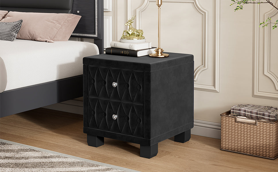 Elegant Velvet Nightstand with 2 Drawers and Crystal Handles