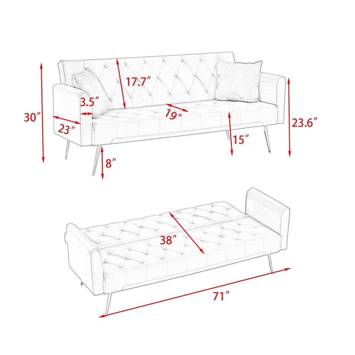71-inch Foldable Double Sofa with American Retro Style