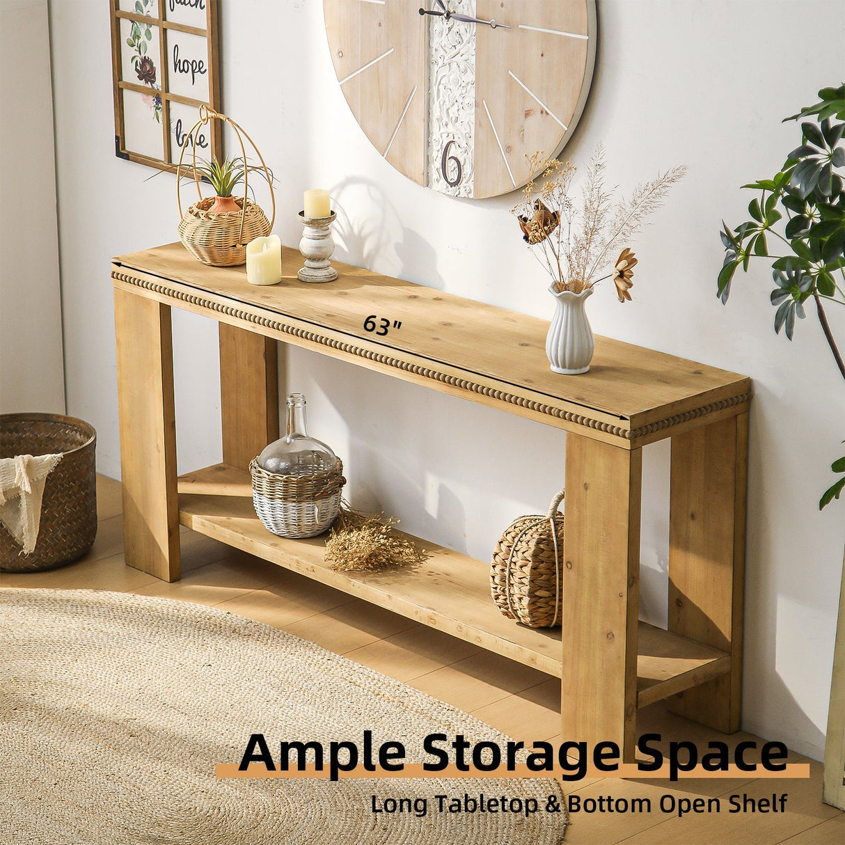 63" Boho Console Table with Storage Shelf – Rustic Farmhouse Sofa Table